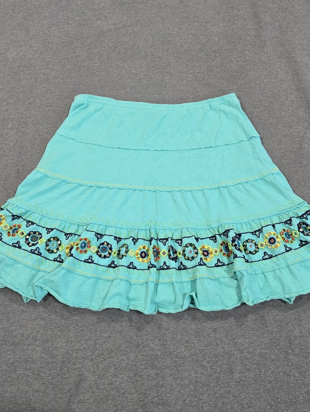Double D Ranch Teal / Aqua Tiered Embroidered Floral Skirt Large FLAW READ
